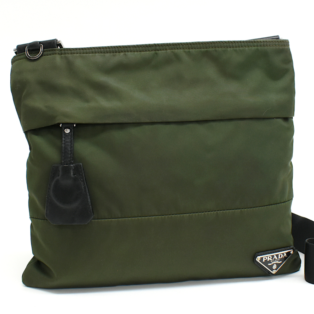 Prada Crossbody Flat Shoulder Bag Khaki Green Triangle Plate